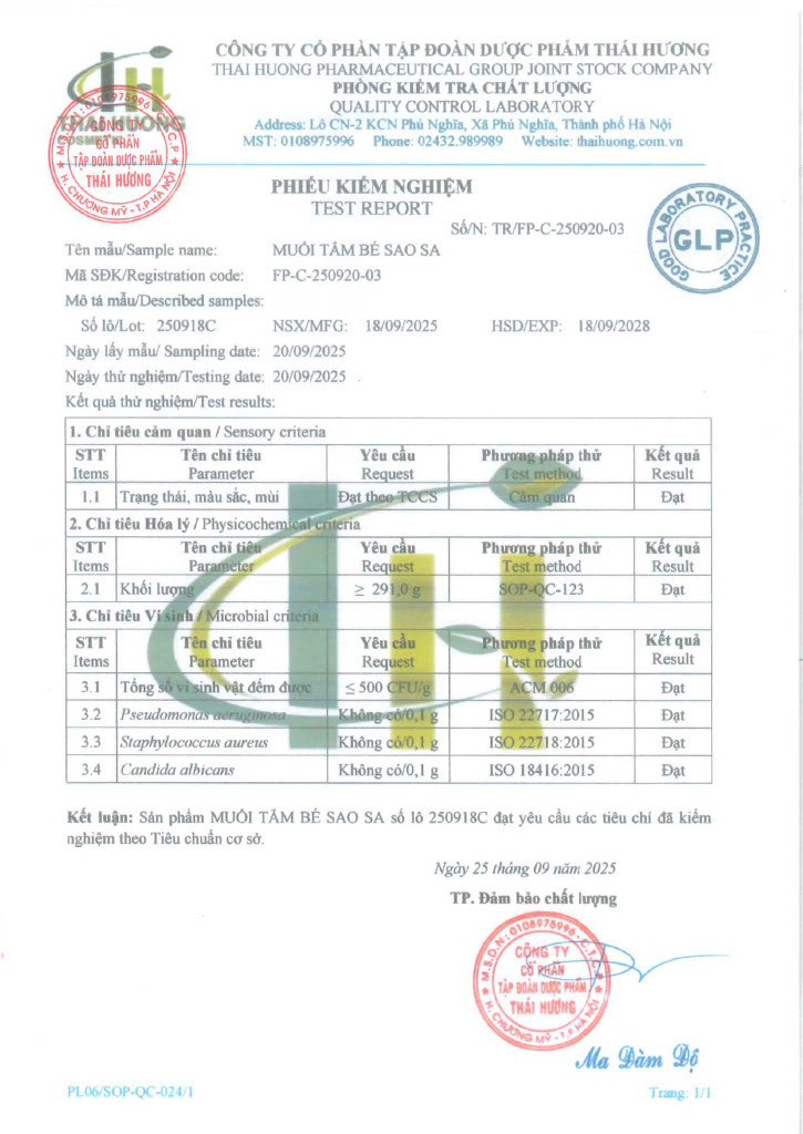 Phiếu kiểm nghiệm chất lượng Muối tắm bé Sao Sa